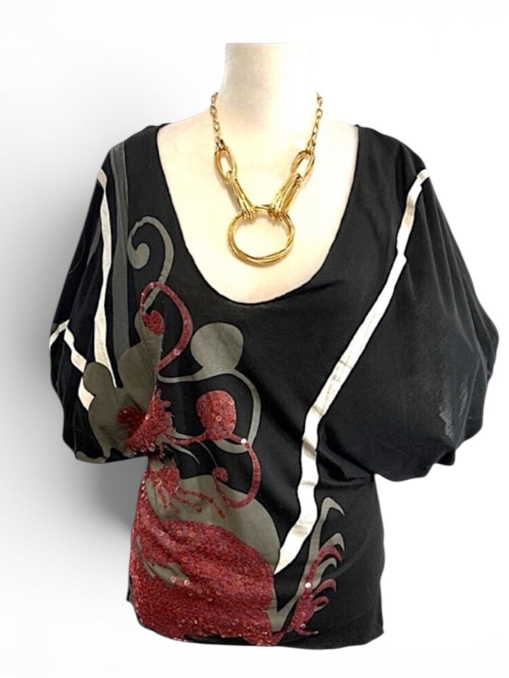 Burgundy and Black Sequin Dragon Scoop Neck Puff Short Sleeve Top SZ S